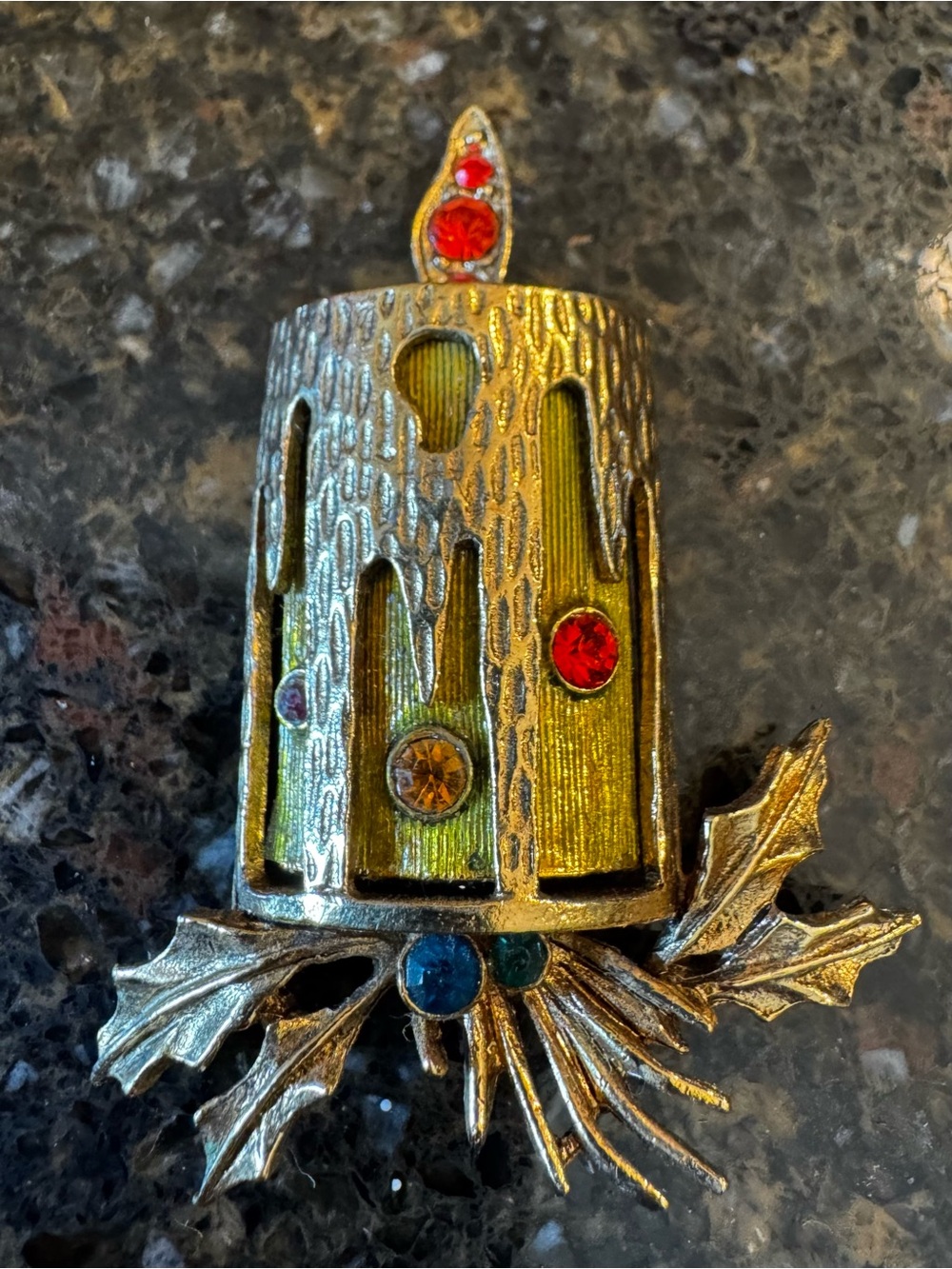 Brooch Mid Century Modern Candle Brooch with Multicolor Rhinestone Accents